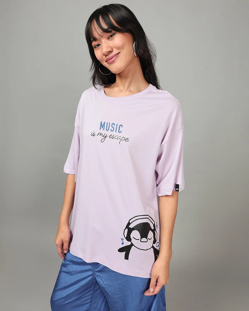 بيواكوف Women's Purple Music Is My Escape Graphic Printed Oversized T-shirt
